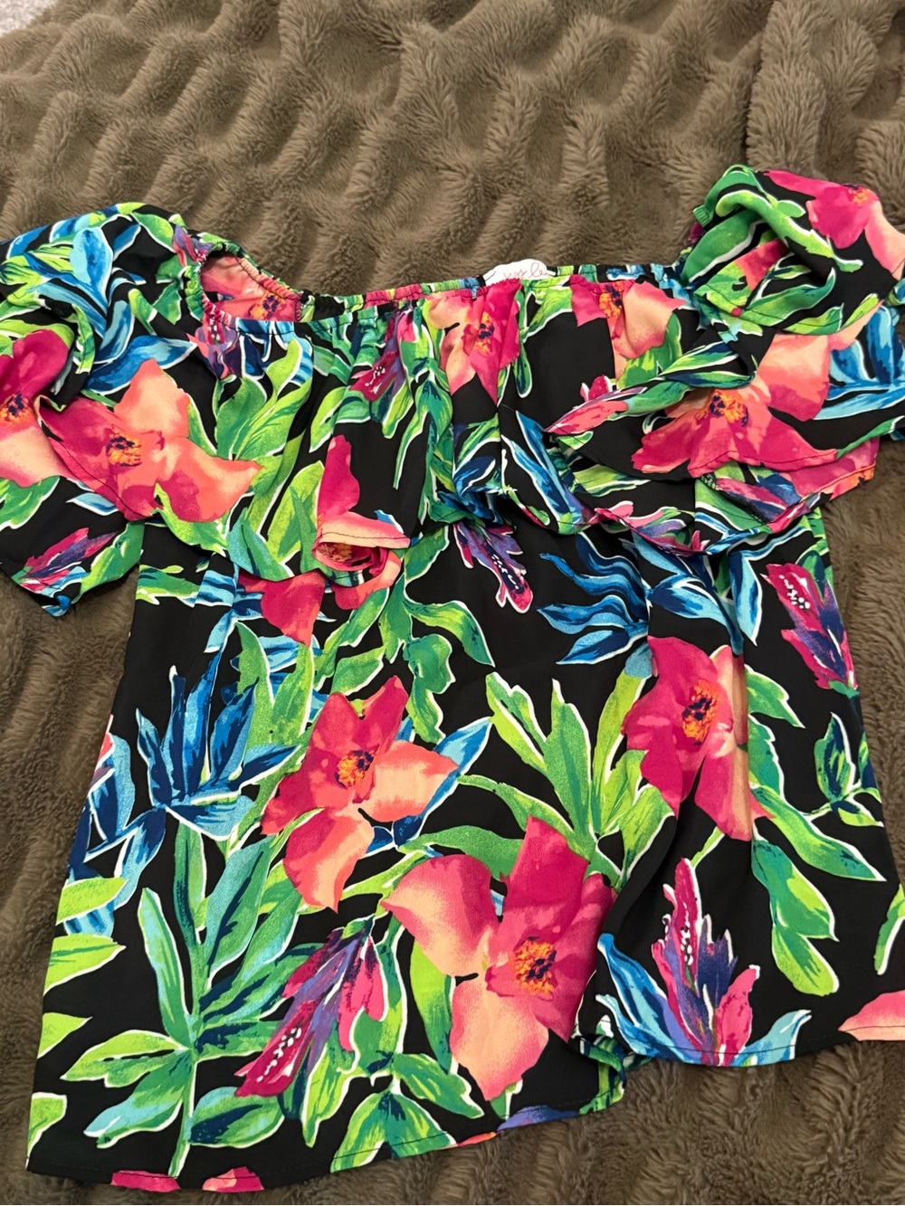Womens s Floral Off-Shoulder One-Piece Swimsuit - Black with Bright Floral Print